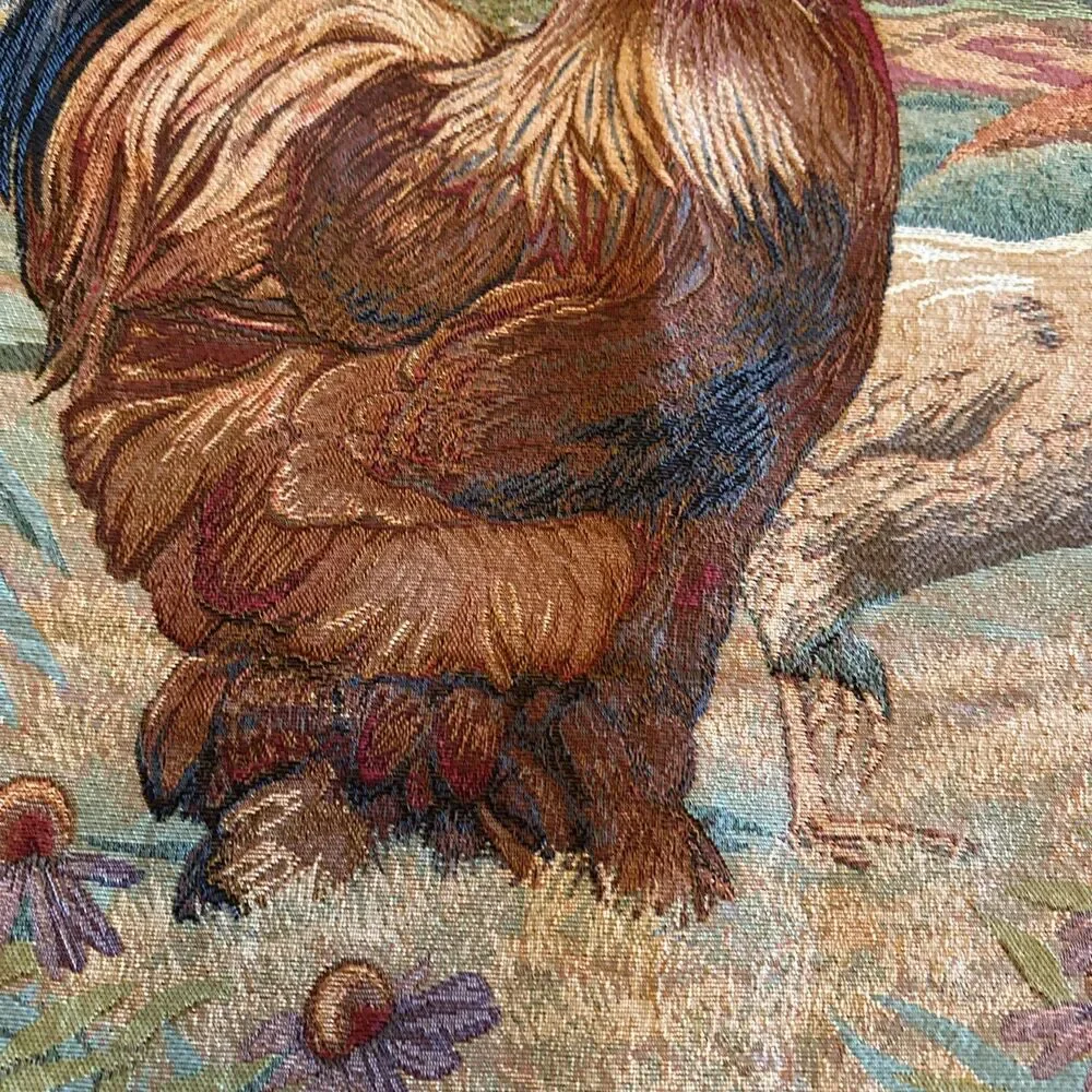 Tapestry w/ Fancy Rod Roosters & Hen French Country Wall Hanging Farmhouse